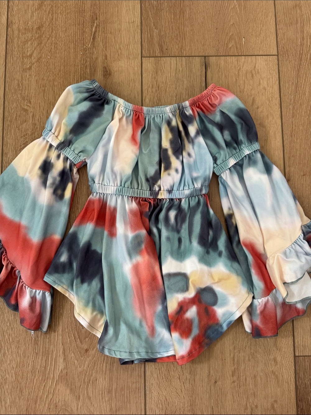 Tie-Dye Off-Shoulder Peasant Top in Teal, Coral & Cream